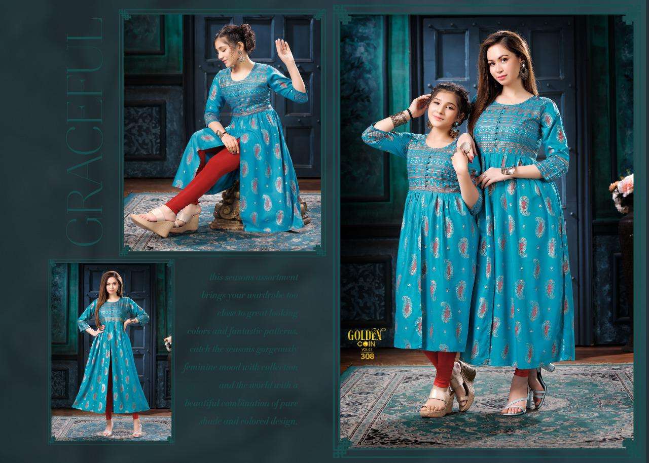GOLDEN COIN VOL-3 BY BEAUTY QUEEN 301 TO 308 SERIES DESIGNER STYLISH FANCY COLORFUL BEAUTIFUL PARTY WEAR & ETHNIC WEAR COLLECTION HEAVY RAYON GOLD PRINT KURTIS AT WHOLESALE PRICE