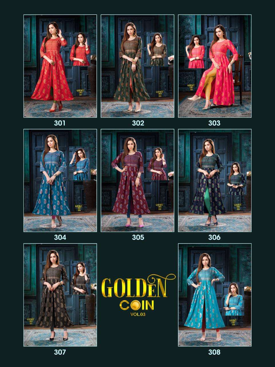 GOLDEN COIN VOL-3 BY BEAUTY QUEEN 301 TO 308 SERIES DESIGNER STYLISH FANCY COLORFUL BEAUTIFUL PARTY WEAR & ETHNIC WEAR COLLECTION HEAVY RAYON GOLD PRINT KURTIS AT WHOLESALE PRICE