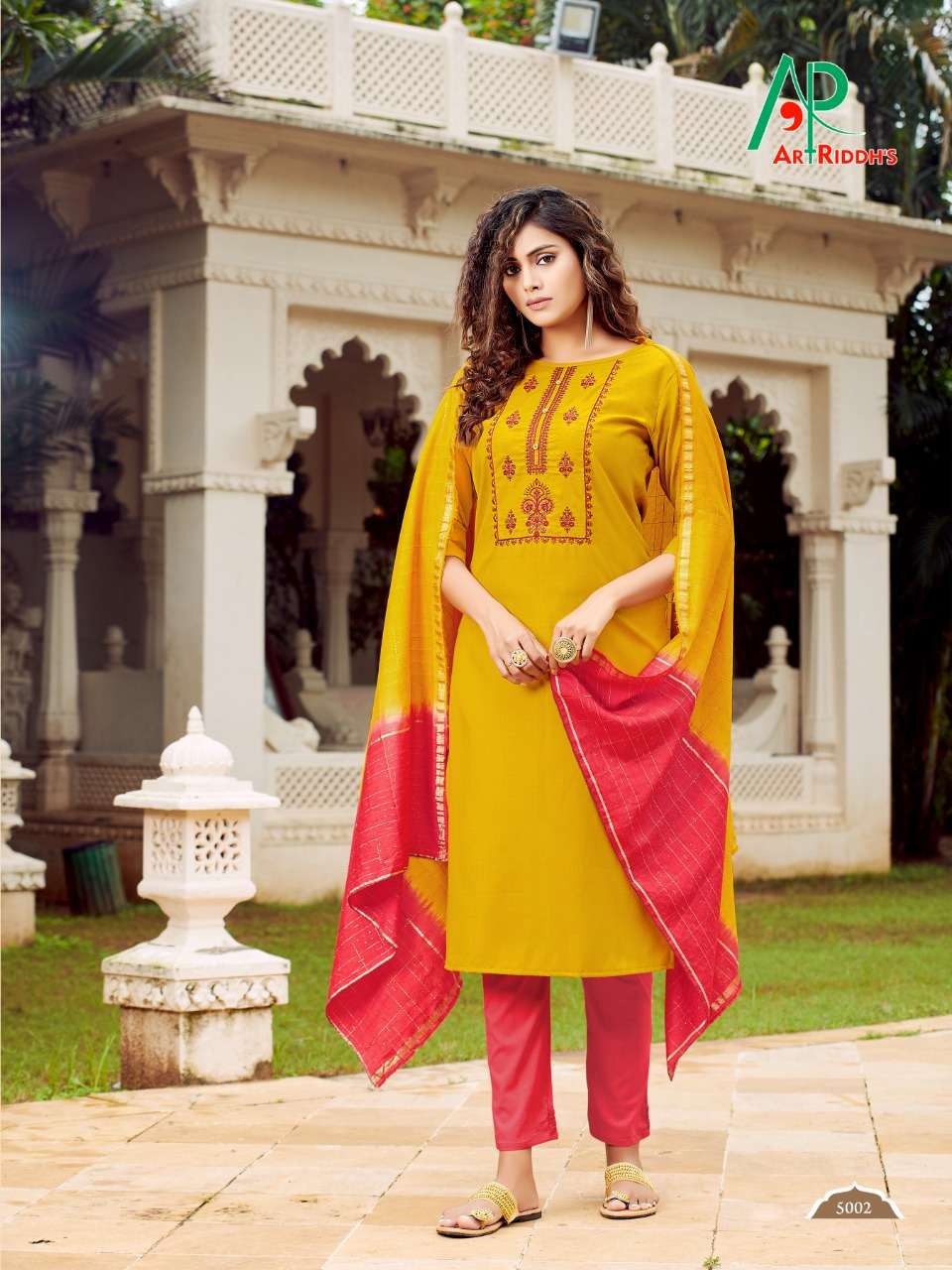 RRR BY ART RIDDHS 5001 TO 5007 SERIES DESIGNER STYLISH FANCY COLORFUL BEAUTIFUL PARTY WEAR & ETHNIC WEAR COLLECTION COTTON EMBROIDERY KURTIS WITH DUPATTA AT WHOLESALE PRICE
