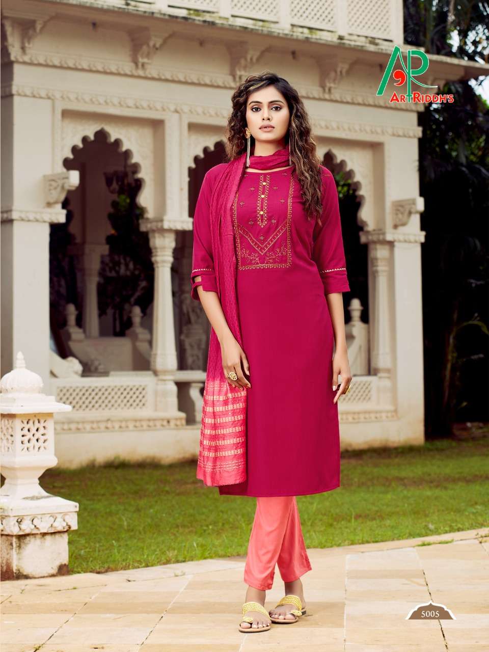 RRR BY ART RIDDHS 5001 TO 5007 SERIES DESIGNER STYLISH FANCY COLORFUL BEAUTIFUL PARTY WEAR & ETHNIC WEAR COLLECTION COTTON EMBROIDERY KURTIS WITH DUPATTA AT WHOLESALE PRICE