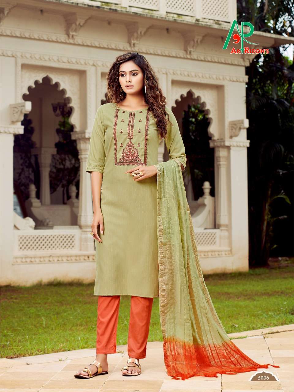 RRR BY ART RIDDHS 5001 TO 5007 SERIES DESIGNER STYLISH FANCY COLORFUL BEAUTIFUL PARTY WEAR & ETHNIC WEAR COLLECTION COTTON EMBROIDERY KURTIS WITH DUPATTA AT WHOLESALE PRICE