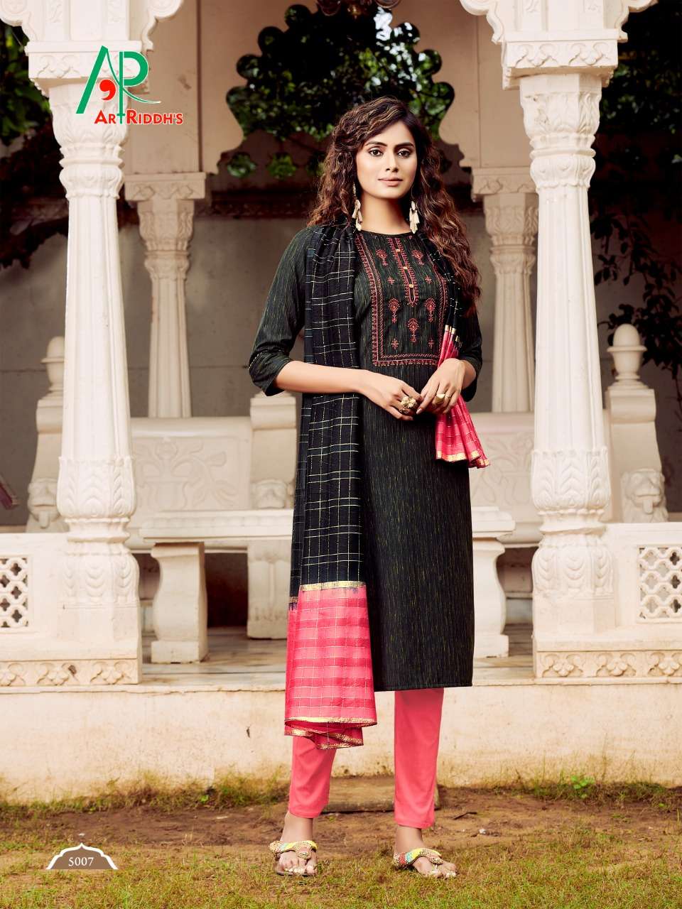 RRR BY ART RIDDHS 5001 TO 5007 SERIES DESIGNER STYLISH FANCY COLORFUL BEAUTIFUL PARTY WEAR & ETHNIC WEAR COLLECTION COTTON EMBROIDERY KURTIS WITH DUPATTA AT WHOLESALE PRICE