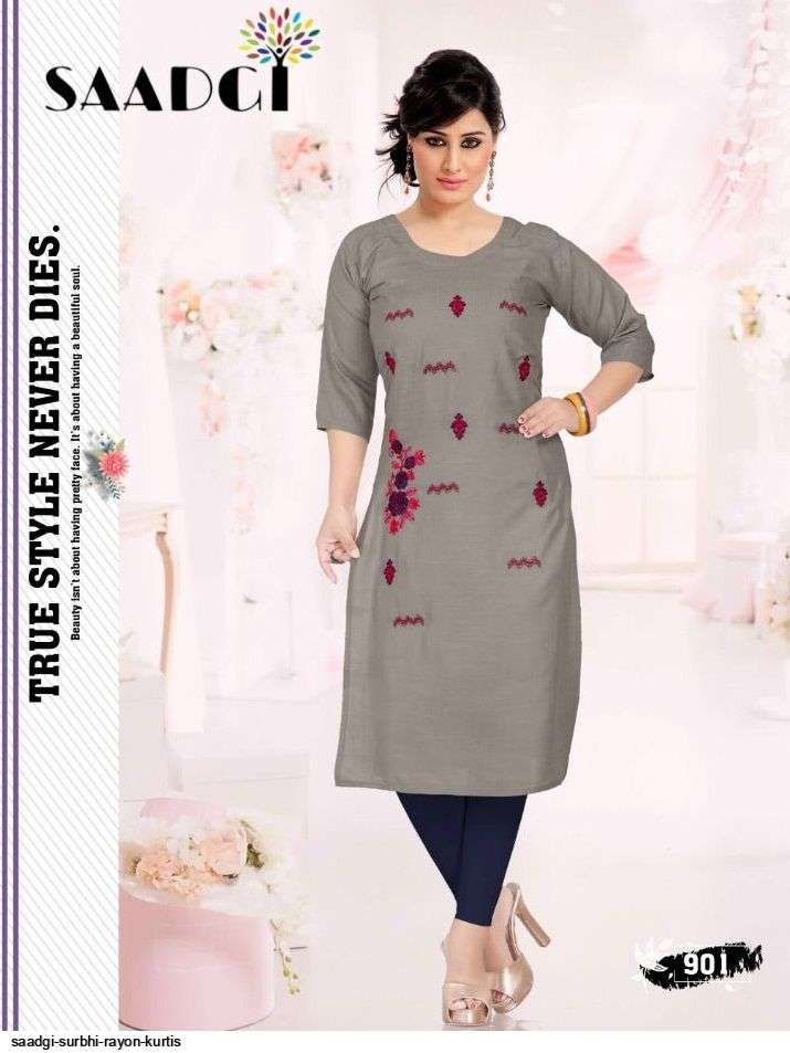 SURBHI BY SAADGI 901 TO 910 SERIES DESIGNER STYLISH FANCY COLORFUL BEAUTIFUL PARTY WEAR & ETHNIC WEAR COLLECTION RAYON EMBROIDERY KURTIS AT WHOLESALE PRICE