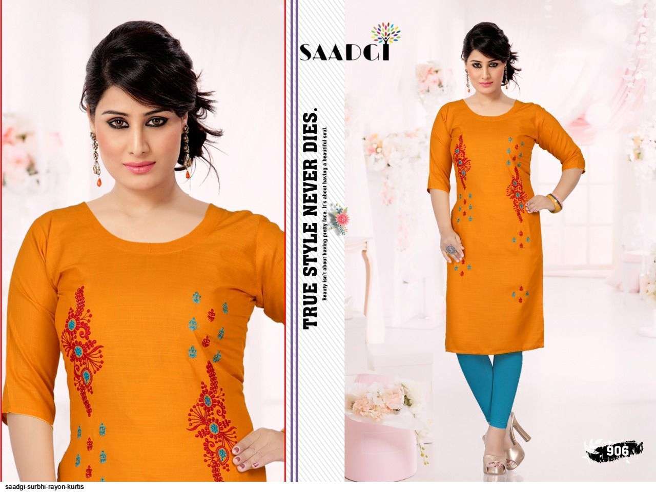 SURBHI BY SAADGI 901 TO 910 SERIES DESIGNER STYLISH FANCY COLORFUL BEAUTIFUL PARTY WEAR & ETHNIC WEAR COLLECTION RAYON EMBROIDERY KURTIS AT WHOLESALE PRICE