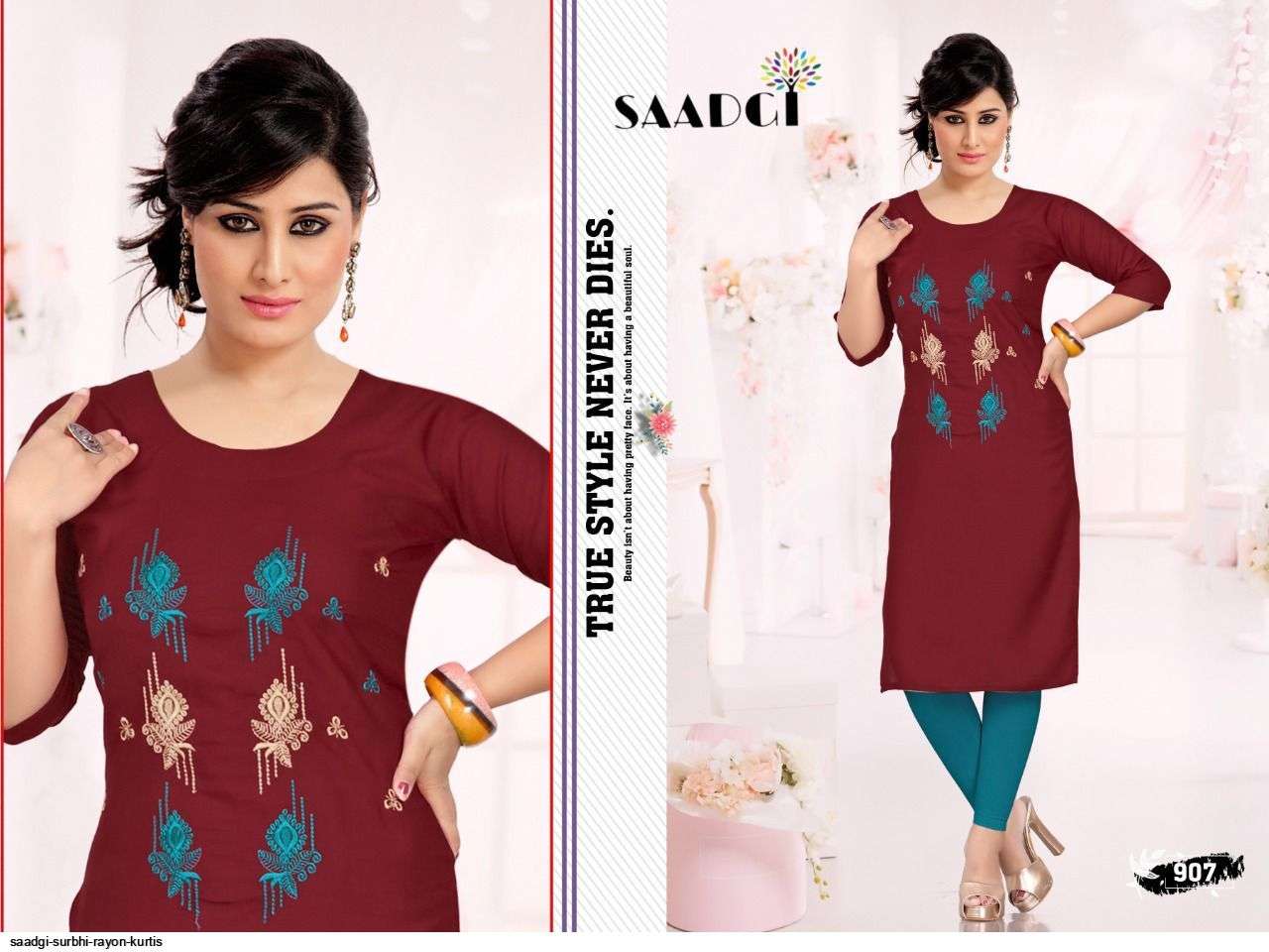 SURBHI BY SAADGI 901 TO 910 SERIES DESIGNER STYLISH FANCY COLORFUL BEAUTIFUL PARTY WEAR & ETHNIC WEAR COLLECTION RAYON EMBROIDERY KURTIS AT WHOLESALE PRICE