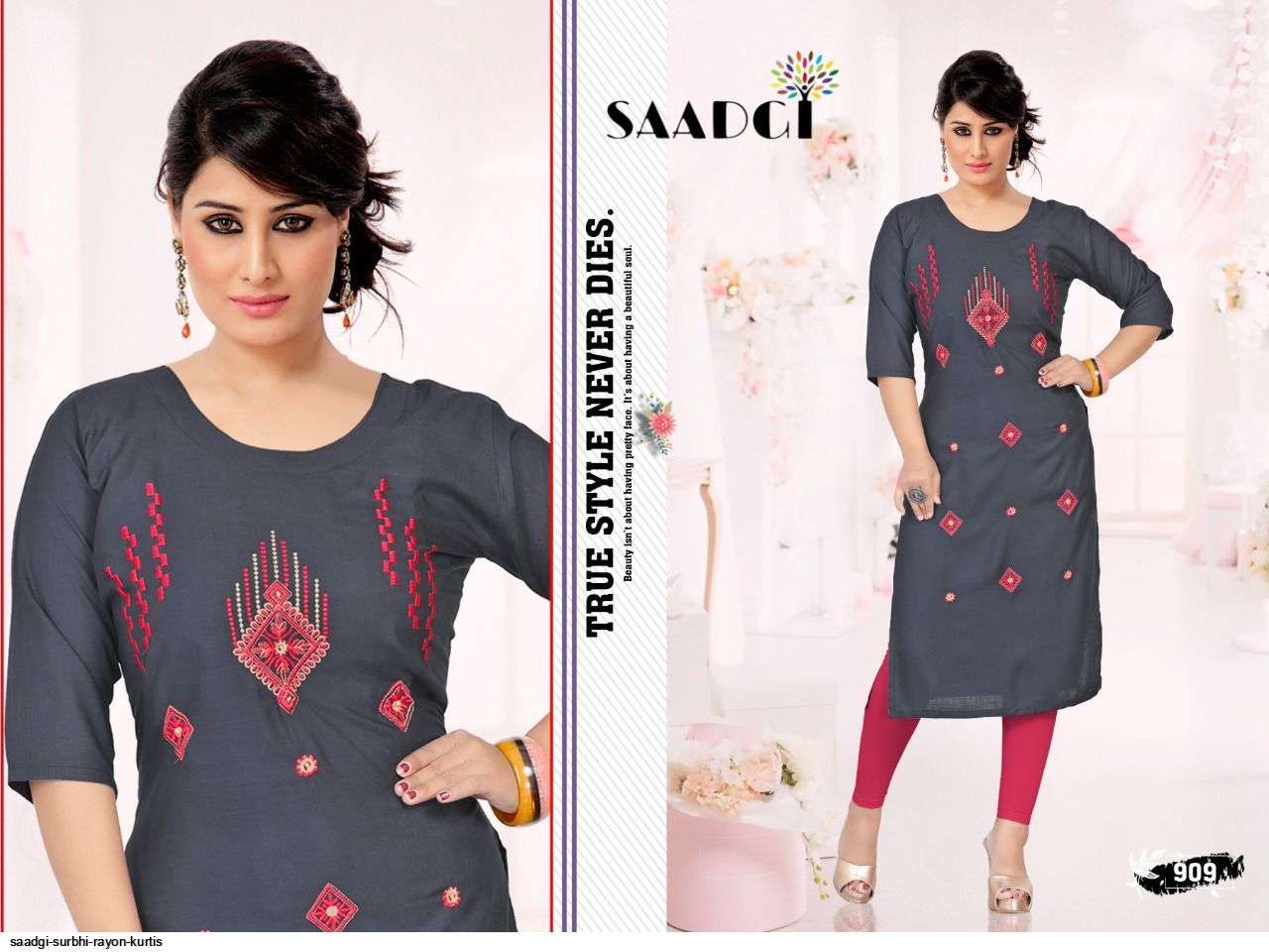 SURBHI BY SAADGI 901 TO 910 SERIES DESIGNER STYLISH FANCY COLORFUL BEAUTIFUL PARTY WEAR & ETHNIC WEAR COLLECTION RAYON EMBROIDERY KURTIS AT WHOLESALE PRICE