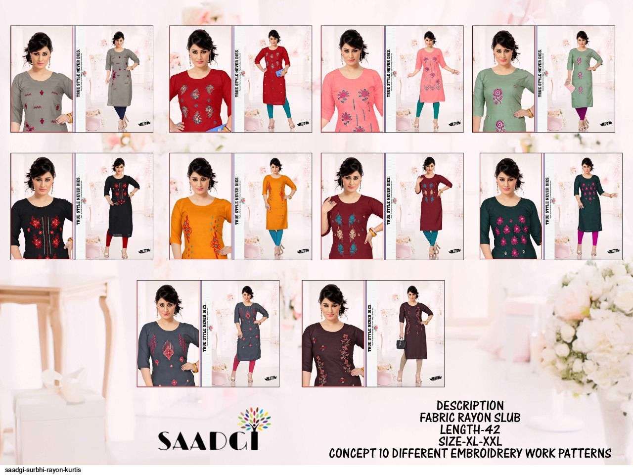 SURBHI BY SAADGI 901 TO 910 SERIES DESIGNER STYLISH FANCY COLORFUL BEAUTIFUL PARTY WEAR & ETHNIC WEAR COLLECTION RAYON EMBROIDERY KURTIS AT WHOLESALE PRICE