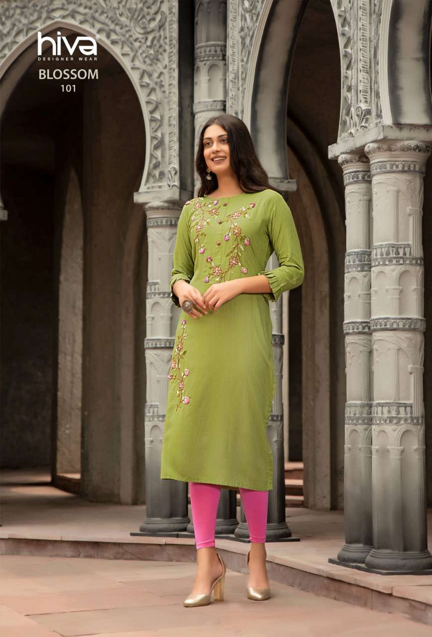 BLOSSOM BY HIVA 101 TO 10 SERIES DESIGNER STYLISH FANCY COLORFUL BEAUTIFUL PARTY WEAR & ETHNIC WEAR COLLECTION RAYON KURTIS AT WHOLESALE PRICE