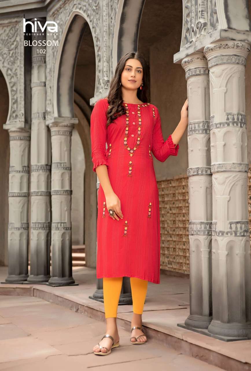 BLOSSOM BY HIVA 101 TO 10 SERIES DESIGNER STYLISH FANCY COLORFUL BEAUTIFUL PARTY WEAR & ETHNIC WEAR COLLECTION RAYON KURTIS AT WHOLESALE PRICE