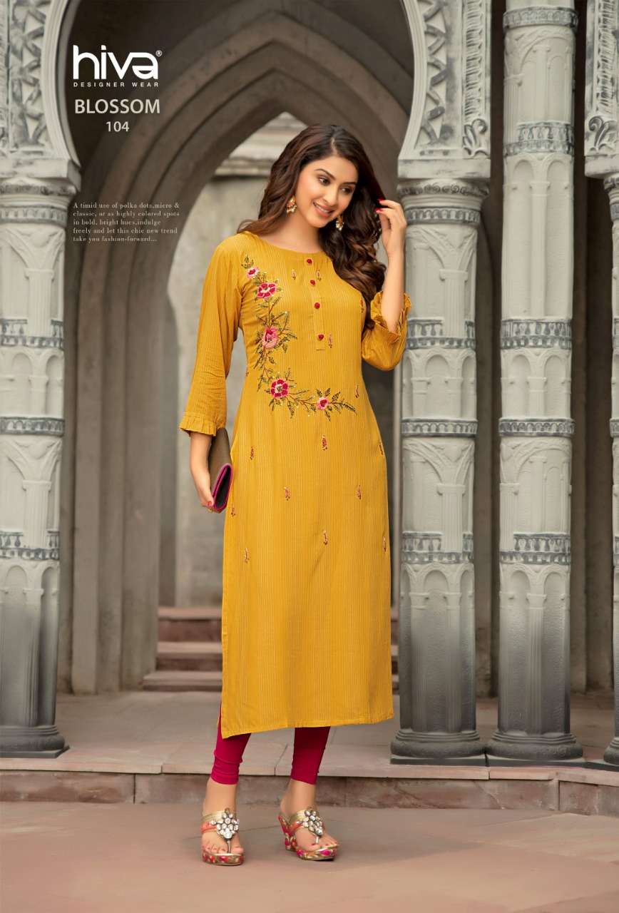 BLOSSOM BY HIVA 101 TO 10 SERIES DESIGNER STYLISH FANCY COLORFUL BEAUTIFUL PARTY WEAR & ETHNIC WEAR COLLECTION RAYON KURTIS AT WHOLESALE PRICE