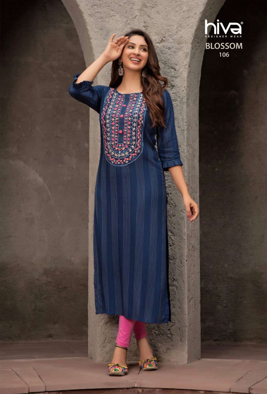 BLOSSOM BY HIVA 101 TO 10 SERIES DESIGNER STYLISH FANCY COLORFUL BEAUTIFUL PARTY WEAR & ETHNIC WEAR COLLECTION RAYON KURTIS AT WHOLESALE PRICE