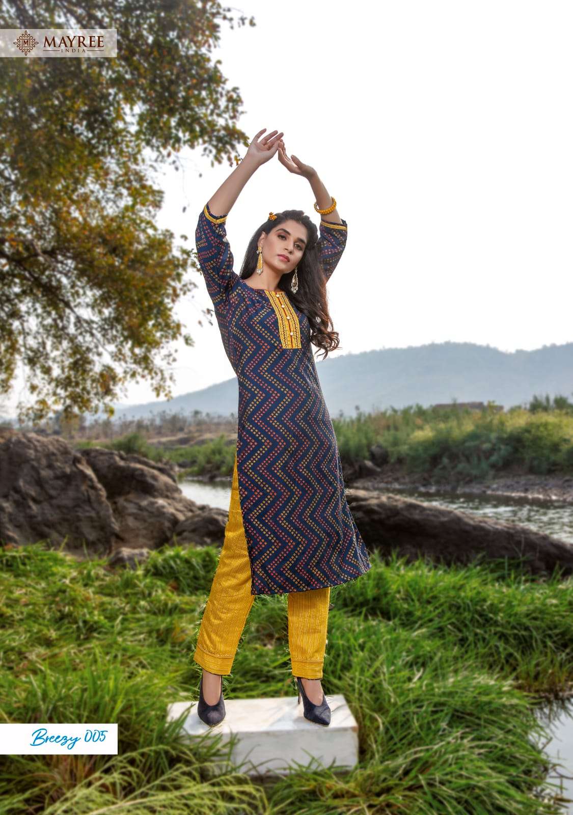 BREEZY BY MAYREE 001 TO 010 SERIES DESIGNER STYLISH FANCY COLORFUL BEAUTIFUL PARTY WEAR & ETHNIC WEAR COLLECTION RAYON PRINT WITH WORK KURTIS WITH BOTTOM AT WHOLESALE PRICE