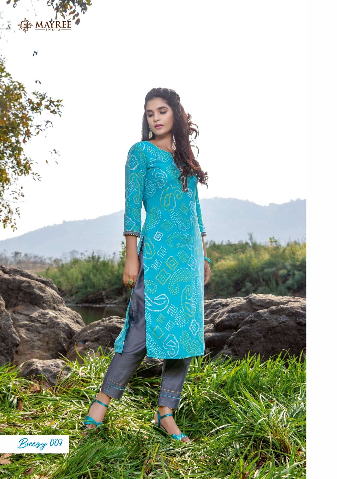 BREEZY BY MAYREE 001 TO 010 SERIES DESIGNER STYLISH FANCY COLORFUL BEAUTIFUL PARTY WEAR & ETHNIC WEAR COLLECTION RAYON PRINT WITH WORK KURTIS WITH BOTTOM AT WHOLESALE PRICE