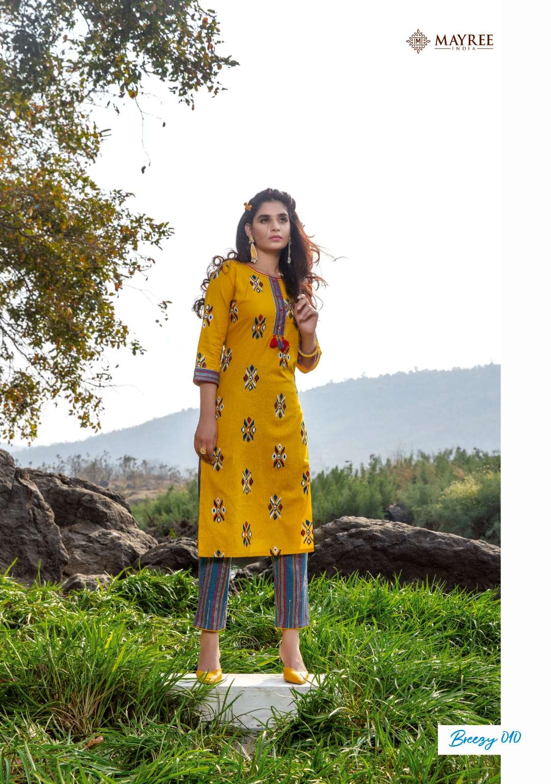 BREEZY BY MAYREE 001 TO 010 SERIES DESIGNER STYLISH FANCY COLORFUL BEAUTIFUL PARTY WEAR & ETHNIC WEAR COLLECTION RAYON PRINT WITH WORK KURTIS WITH BOTTOM AT WHOLESALE PRICE