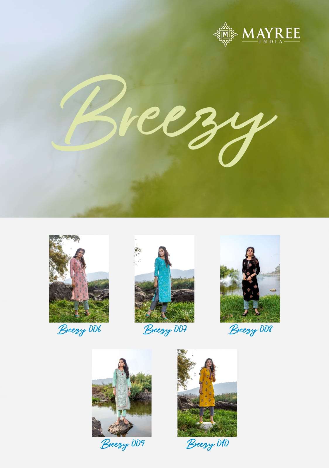 BREEZY BY MAYREE 001 TO 010 SERIES DESIGNER STYLISH FANCY COLORFUL BEAUTIFUL PARTY WEAR & ETHNIC WEAR COLLECTION RAYON PRINT WITH WORK KURTIS WITH BOTTOM AT WHOLESALE PRICE