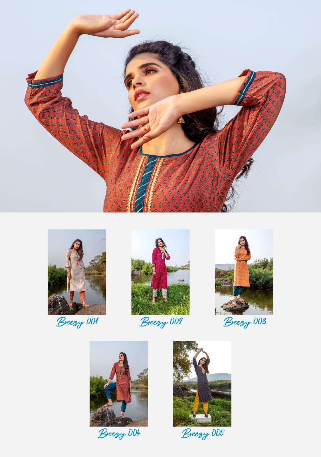 BREEZY BY MAYREE 001 TO 010 SERIES DESIGNER STYLISH FANCY COLORFUL BEAUTIFUL PARTY WEAR & ETHNIC WEAR COLLECTION RAYON PRINT WITH WORK KURTIS WITH BOTTOM AT WHOLESALE PRICE