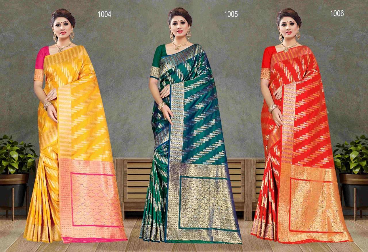 HEMAVATI BY SHAKUNT 1001 TO 1006 SERIES INDIAN TRADITIONAL WEAR COLLECTION BEAUTIFUL STYLISH FANCY COLORFUL PARTY WEAR & OCCASIONAL WEAR SOFT SILK SAREES AT WHOLESALE PRICE