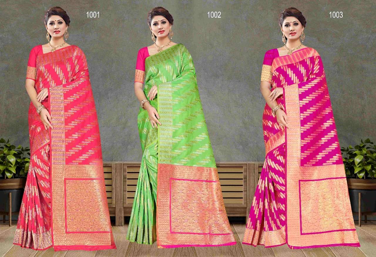 HEMAVATI BY SHAKUNT 1001 TO 1006 SERIES INDIAN TRADITIONAL WEAR COLLECTION BEAUTIFUL STYLISH FANCY COLORFUL PARTY WEAR & OCCASIONAL WEAR SOFT SILK SAREES AT WHOLESALE PRICE