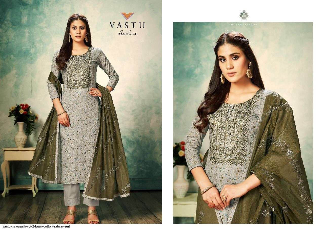 NAWAZISH VOL-2 BY VASTU TEX 201 TO 204 SERIES BEAUTIFUL SUITS COLORFUL STYLISH FANCY CASUAL WEAR & ETHNIC WEAR PURE LAWN COTTON PRINT DRESSES AT WHOLESALE PRICE