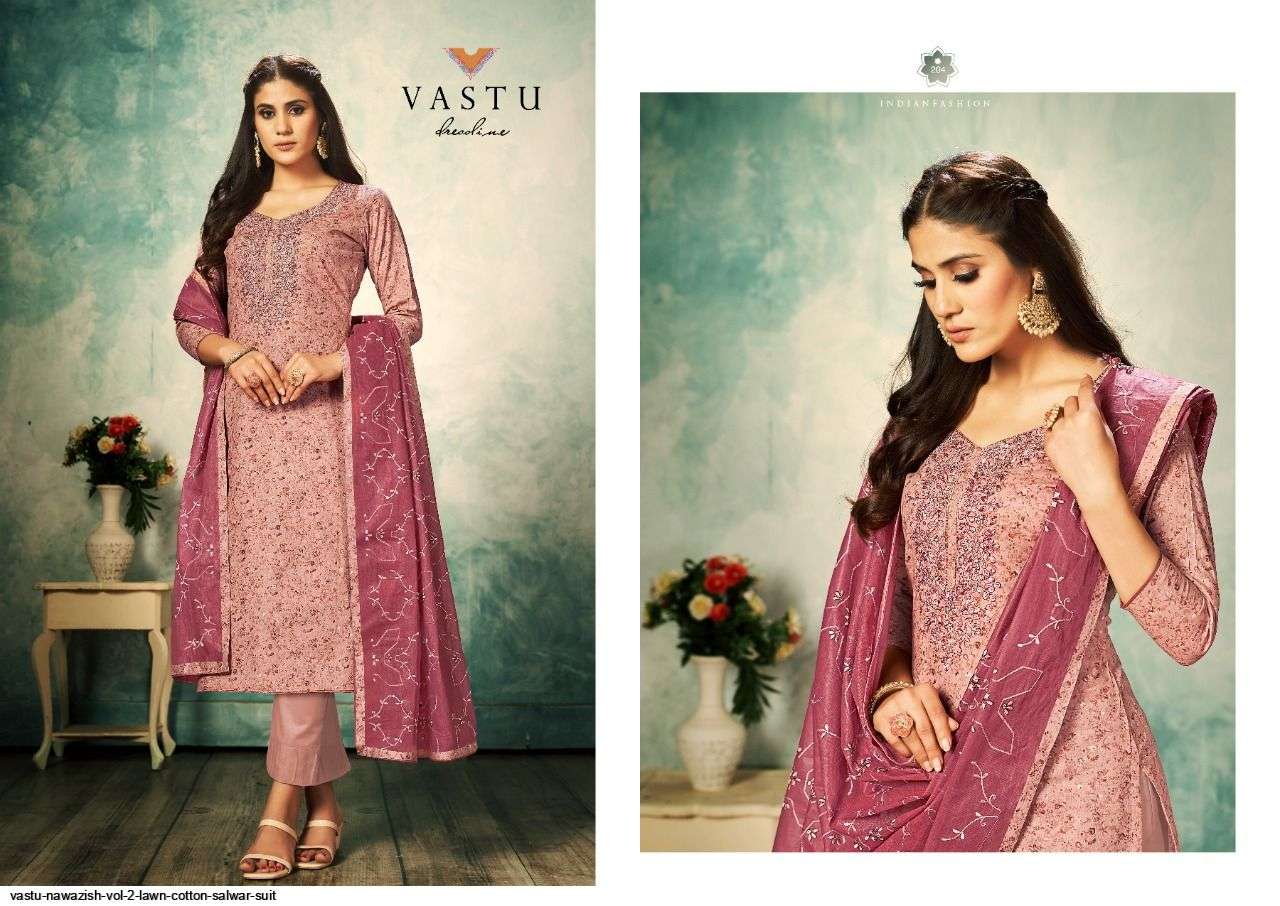 NAWAZISH VOL-2 BY VASTU TEX 201 TO 204 SERIES BEAUTIFUL SUITS COLORFUL STYLISH FANCY CASUAL WEAR & ETHNIC WEAR PURE LAWN COTTON PRINT DRESSES AT WHOLESALE PRICE