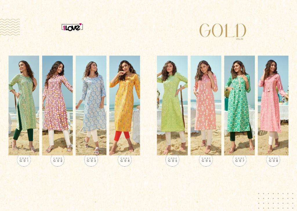 GOLD VOL-2 BY 1 LOVE 01 TO 08 SERIES DESIGNER STYLISH FANCY COLORFUL BEAUTIFUL PARTY WEAR & ETHNIC WEAR COLLECTION PREMIUM RAYON KURTIS AT WHOLESALE PRICE