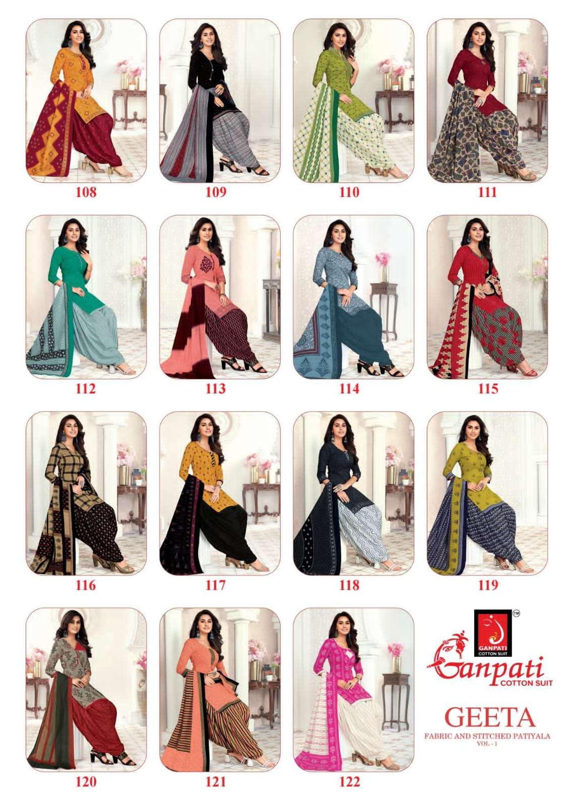 Geeta Vol-1 By Ganpati Cotton Suit 108 To 122 Series Beautiful Suits Colorful Stylish Fancy Casual Wear & Ethnic Wear Pure Cotton Print Dresses At Wholesale Price