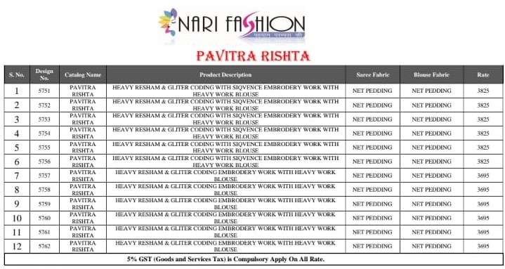 PAVITRA RISHTA BY NARI FASHION 5751 TO 5762 SERIES INDIAN TRADITIONAL WEAR COLLECTION BEAUTIFUL STYLISH FANCY COLORFUL PARTY WEAR & OCCASIONAL WEAR HEAVY NET EMBROIDERED SAREES AT WHOLESALE PRICE