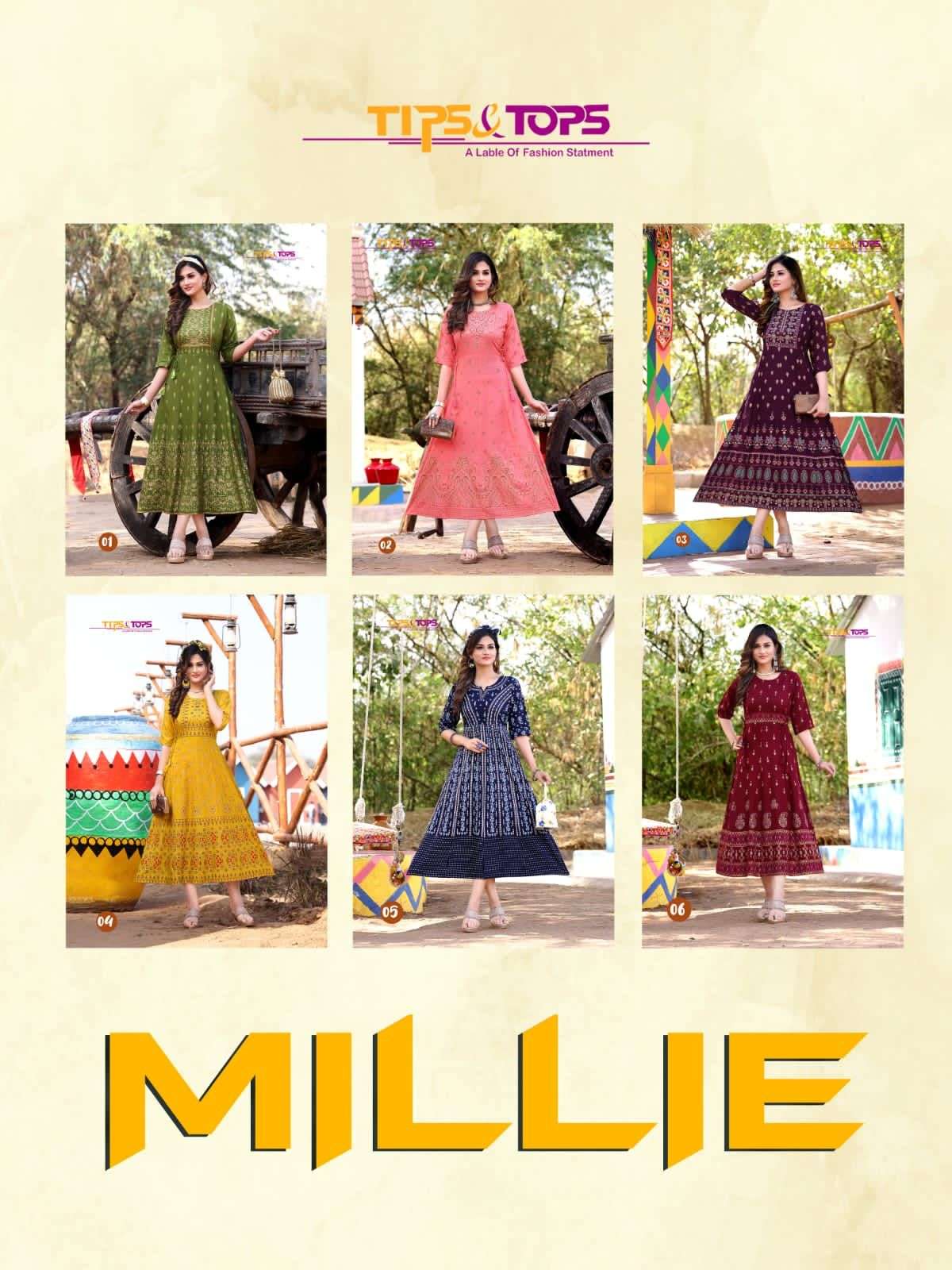 MILLIE BY TIPS AND TOPS 01 TO 06 SERIES DESIGNER STYLISH FANCY COLORFUL BEAUTIFUL PARTY WEAR & ETHNIC WEAR COLLECTION RAYON PRINT KURTIS AT WHOLESALE PRICE