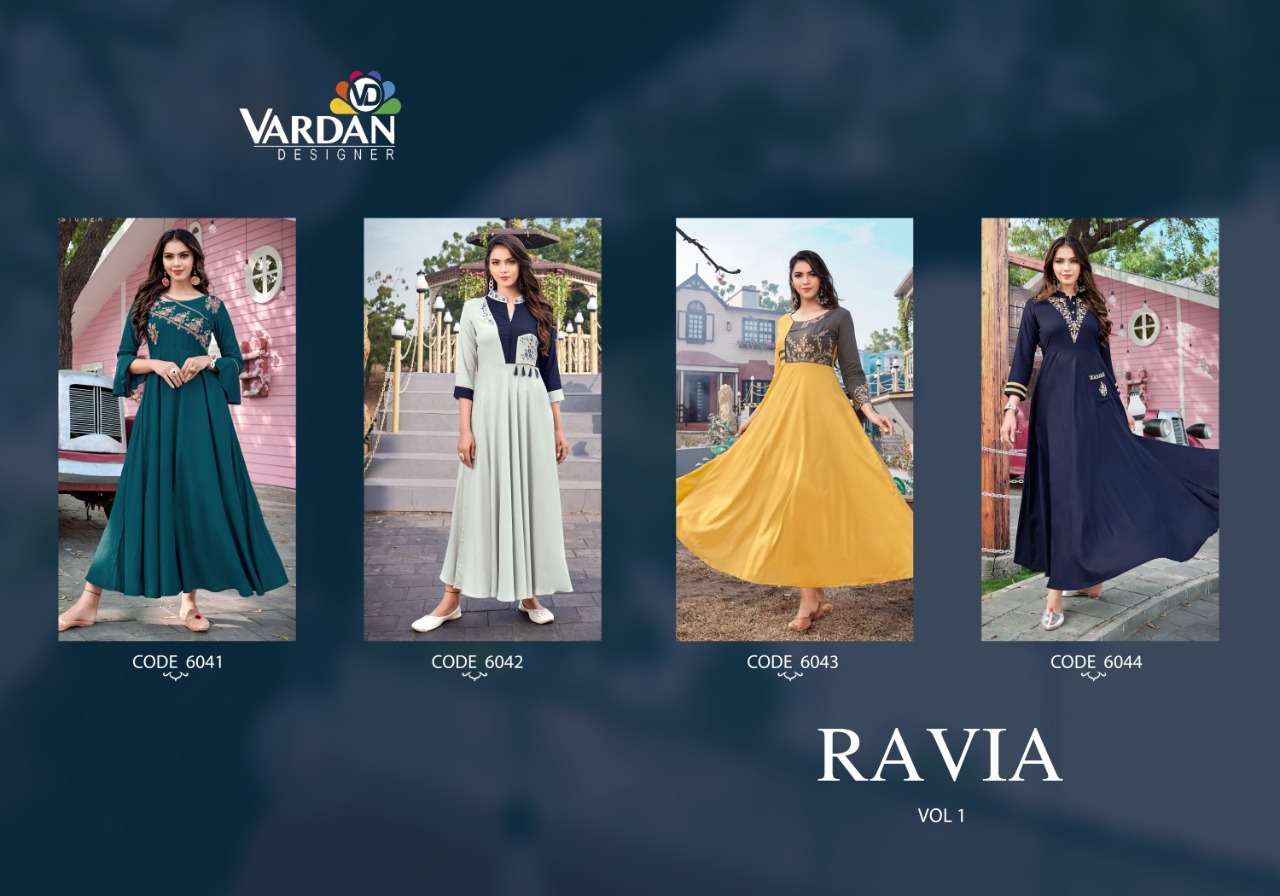 Ravia By Vardan Designer 6041 To 6044 Series Beautiful Stylish Fancy Colorful Casual Wear & Ethnic Wear Heavy Rayon Gowns At Wholesale Price
