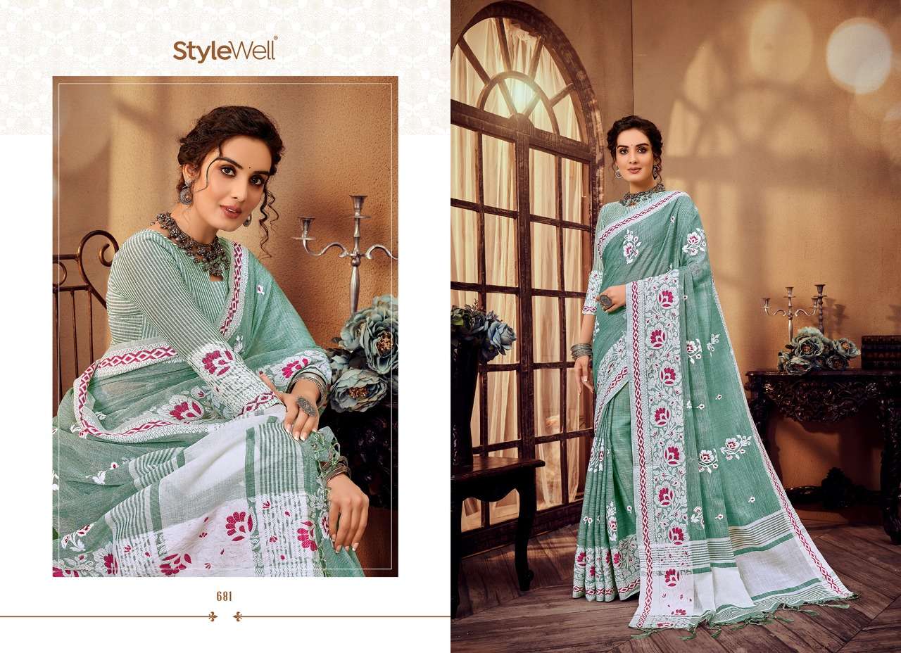 LAKHNAVI VOL-3 BY STYLEWELL 681 TO 688 SERIES INDIAN TRADITIONAL WEAR COLLECTION BEAUTIFUL STYLISH FANCY COLORFUL PARTY WEAR & OCCASIONAL WEAR JACQUARD LINEN EMBROIDERED SAREES AT WHOLESALE PRICE
