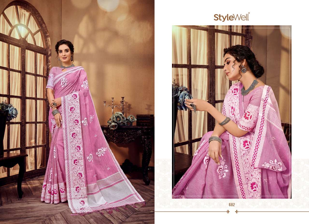 LAKHNAVI VOL-3 BY STYLEWELL 681 TO 688 SERIES INDIAN TRADITIONAL WEAR COLLECTION BEAUTIFUL STYLISH FANCY COLORFUL PARTY WEAR & OCCASIONAL WEAR JACQUARD LINEN EMBROIDERED SAREES AT WHOLESALE PRICE