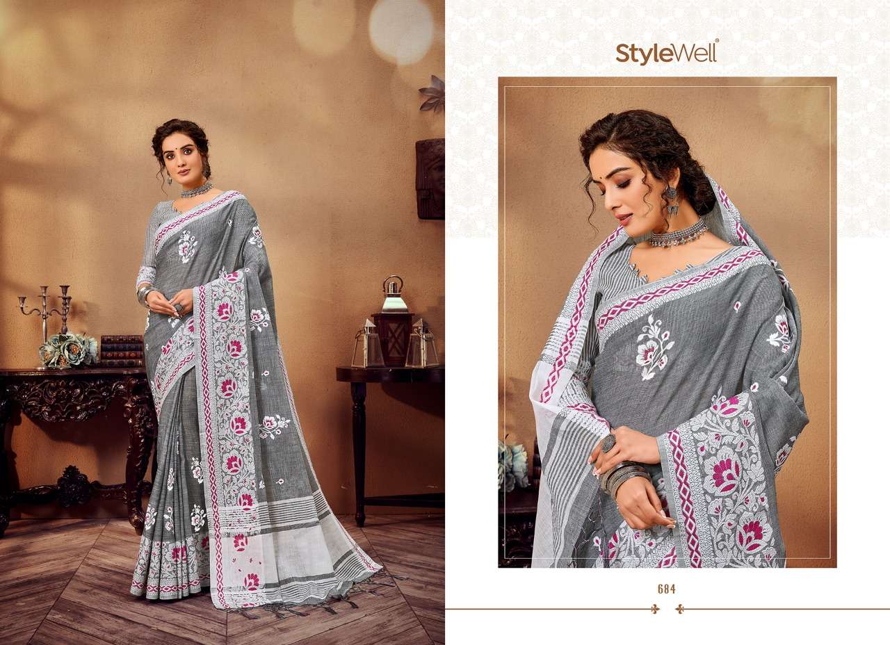 LAKHNAVI VOL-3 BY STYLEWELL 681 TO 688 SERIES INDIAN TRADITIONAL WEAR COLLECTION BEAUTIFUL STYLISH FANCY COLORFUL PARTY WEAR & OCCASIONAL WEAR JACQUARD LINEN EMBROIDERED SAREES AT WHOLESALE PRICE