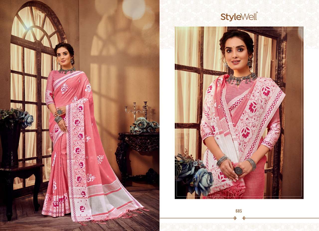 LAKHNAVI VOL-3 BY STYLEWELL 681 TO 688 SERIES INDIAN TRADITIONAL WEAR COLLECTION BEAUTIFUL STYLISH FANCY COLORFUL PARTY WEAR & OCCASIONAL WEAR JACQUARD LINEN EMBROIDERED SAREES AT WHOLESALE PRICE