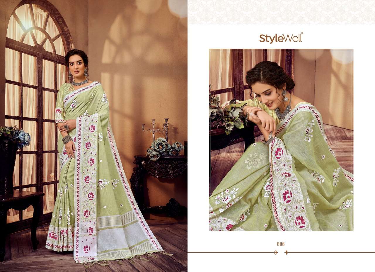 LAKHNAVI VOL-3 BY STYLEWELL 681 TO 688 SERIES INDIAN TRADITIONAL WEAR COLLECTION BEAUTIFUL STYLISH FANCY COLORFUL PARTY WEAR & OCCASIONAL WEAR JACQUARD LINEN EMBROIDERED SAREES AT WHOLESALE PRICE