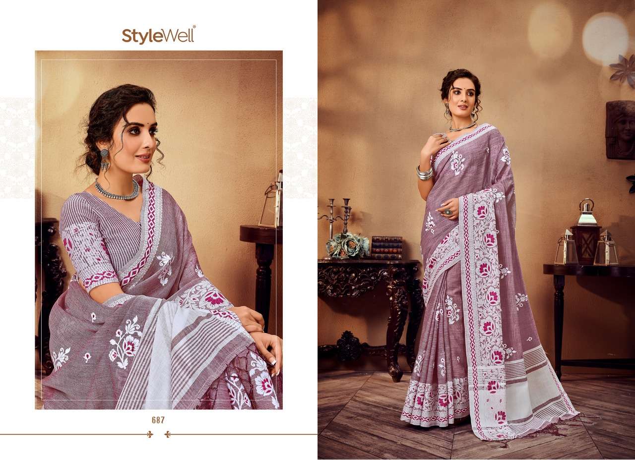 LAKHNAVI VOL-3 BY STYLEWELL 681 TO 688 SERIES INDIAN TRADITIONAL WEAR COLLECTION BEAUTIFUL STYLISH FANCY COLORFUL PARTY WEAR & OCCASIONAL WEAR JACQUARD LINEN EMBROIDERED SAREES AT WHOLESALE PRICE