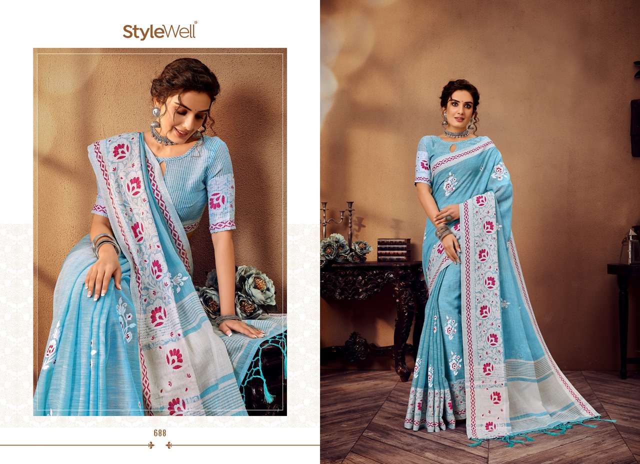 LAKHNAVI VOL-3 BY STYLEWELL 681 TO 688 SERIES INDIAN TRADITIONAL WEAR COLLECTION BEAUTIFUL STYLISH FANCY COLORFUL PARTY WEAR & OCCASIONAL WEAR JACQUARD LINEN EMBROIDERED SAREES AT WHOLESALE PRICE