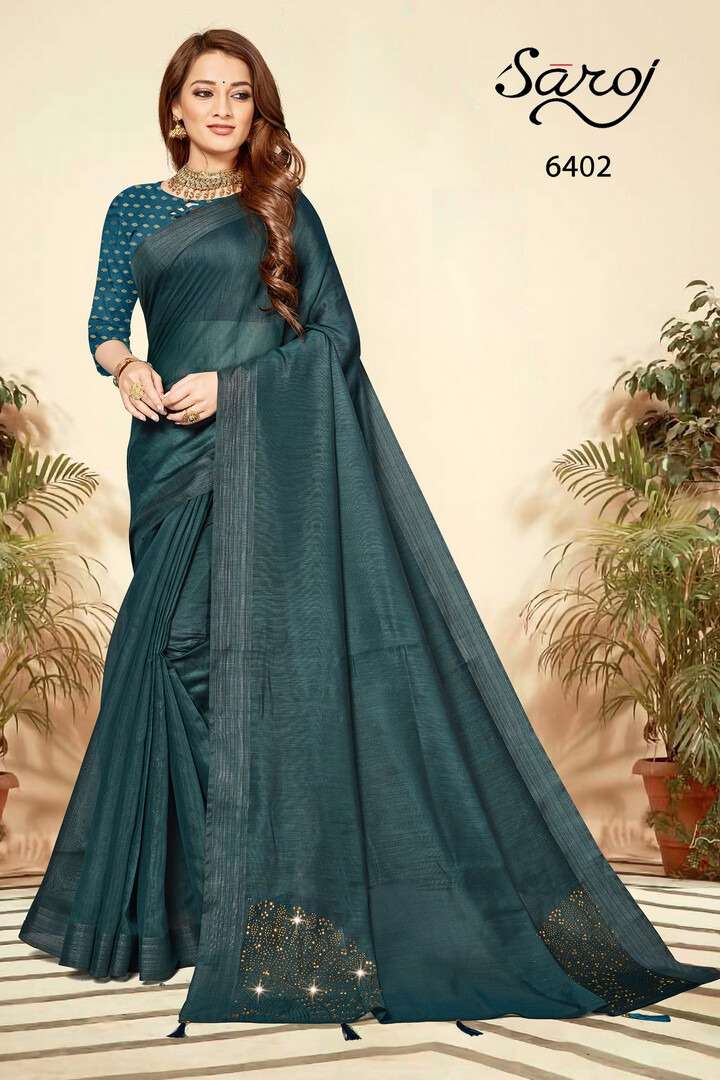 JALWAA VOL-2 BY SAROJ 6401 TO 6406 SERIES INDIAN TRADITIONAL WEAR COLLECTION BEAUTIFUL STYLISH FANCY COLORFUL PARTY WEAR & OCCASIONAL WEAR LINEN COTTON SAREES AT WHOLESALE PRICE