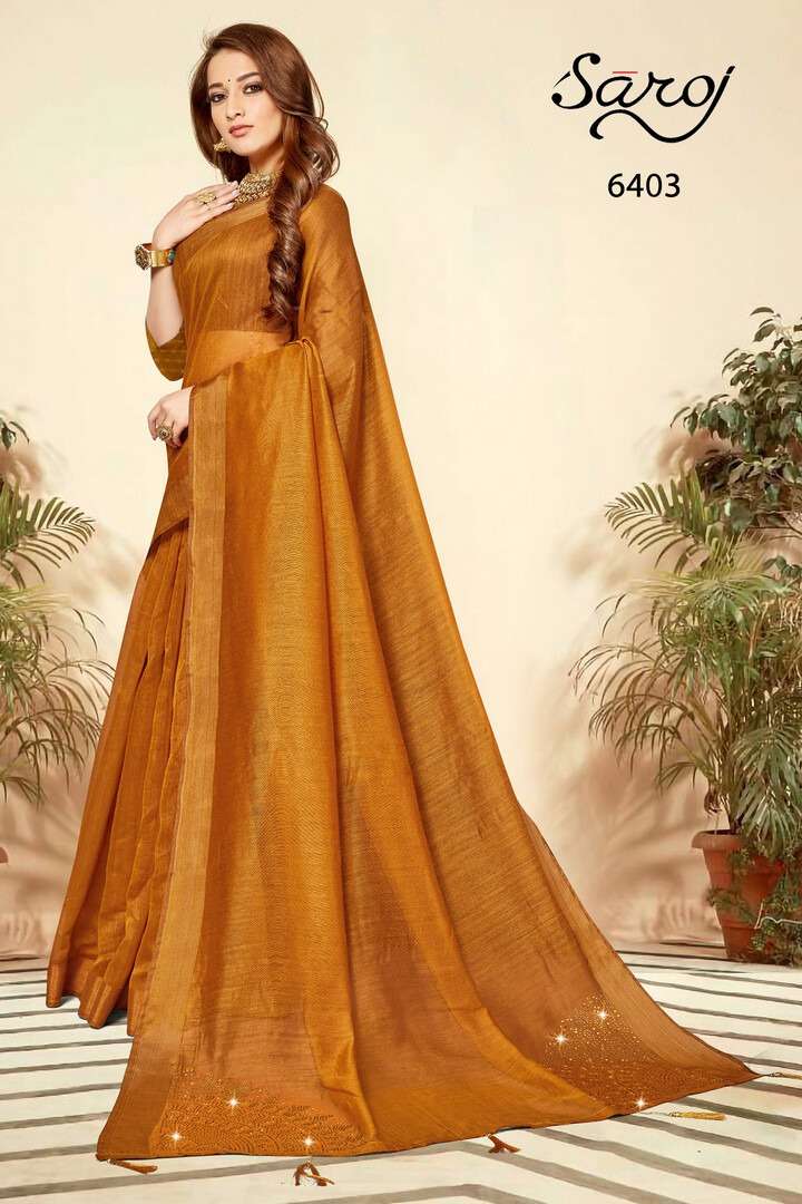 JALWAA VOL-2 BY SAROJ 6401 TO 6406 SERIES INDIAN TRADITIONAL WEAR COLLECTION BEAUTIFUL STYLISH FANCY COLORFUL PARTY WEAR & OCCASIONAL WEAR LINEN COTTON SAREES AT WHOLESALE PRICE