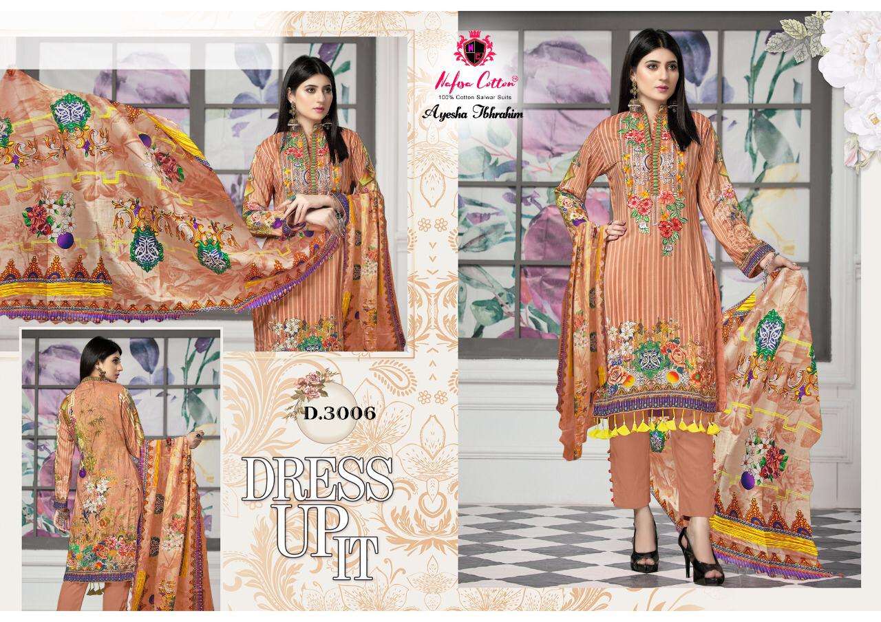 AYESHA IBRAHIM COTTON COLLECTION VOL-3 BY NAFISA COTTON 3001 TO 3006 SERIES BEAUTIFUL SUITS COLORFUL STYLISH FANCY CASUAL WEAR & ETHNIC WEAR COTTON PRINT DRESSES AT WHOLESALE PRICE