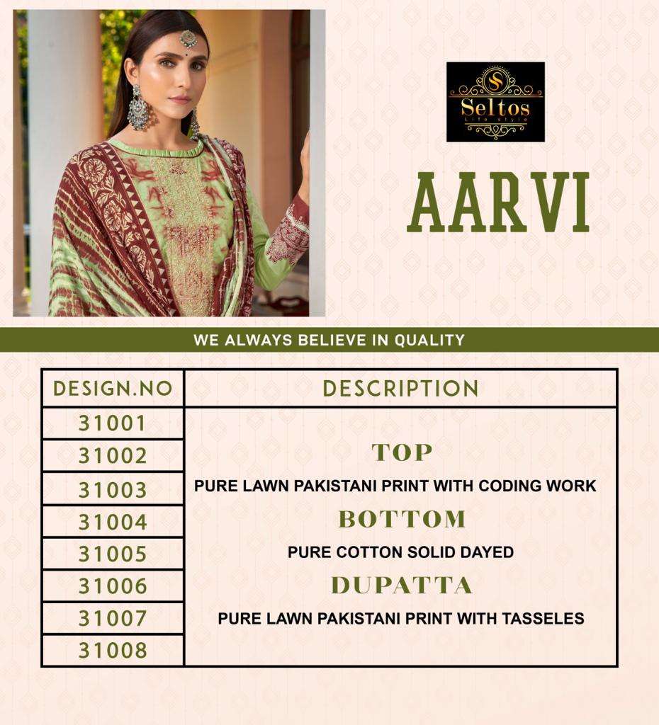 AARVI BY SELTOS 31001 TO 31008 SERIES BEAUTIFUL SUITS COLORFUL STYLISH FANCY CASUAL WEAR & ETHNIC WEAR PURE LAWN PRINT DRESSES AT WHOLESALE PRICE