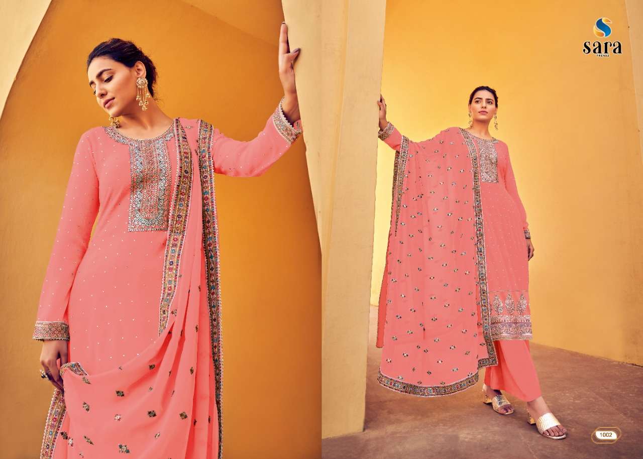 NAAZ BY SARA TRENDZ 1001 TO 1004 SERIES BEAUTIFUL SHARARA SUITS COLORFUL STYLISH FANCY CASUAL WEAR & ETHNIC WEAR GEORGETTE EMBROIDERED DRESSES AT WHOLESALE PRICE