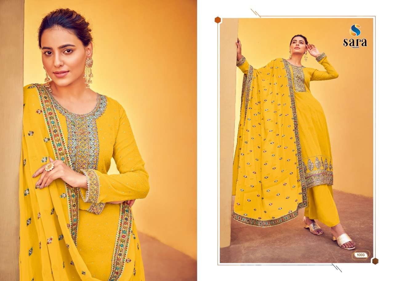 NAAZ BY SARA TRENDZ 1001 TO 1004 SERIES BEAUTIFUL SHARARA SUITS COLORFUL STYLISH FANCY CASUAL WEAR & ETHNIC WEAR GEORGETTE EMBROIDERED DRESSES AT WHOLESALE PRICE