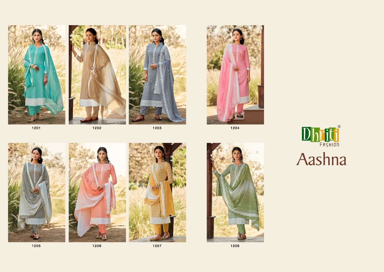 AASHNA BY DHRITI FASHION 1201 TO 1208 SERIES BEAUTIFUL SUITS COLORFUL STYLISH FANCY CASUAL WEAR & ETHNIC WEAR PURE COTTON PRINT WITH EMBROIDERED DRESSES AT WHOLESALE PRICE
