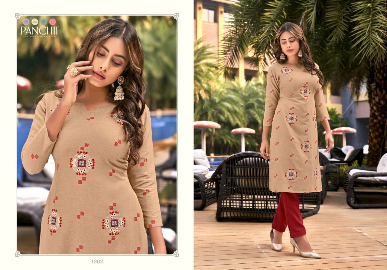 NEW LOOK BY PANCHII 1201 TO 1212 SERIES DESIGNER STYLISH FANCY COLORFUL BEAUTIFUL PARTY WEAR & ETHNIC WEAR COLLECTION HANDLOOM COTTON EMBROIDERY KURTIS AT WHOLESALE PRICE