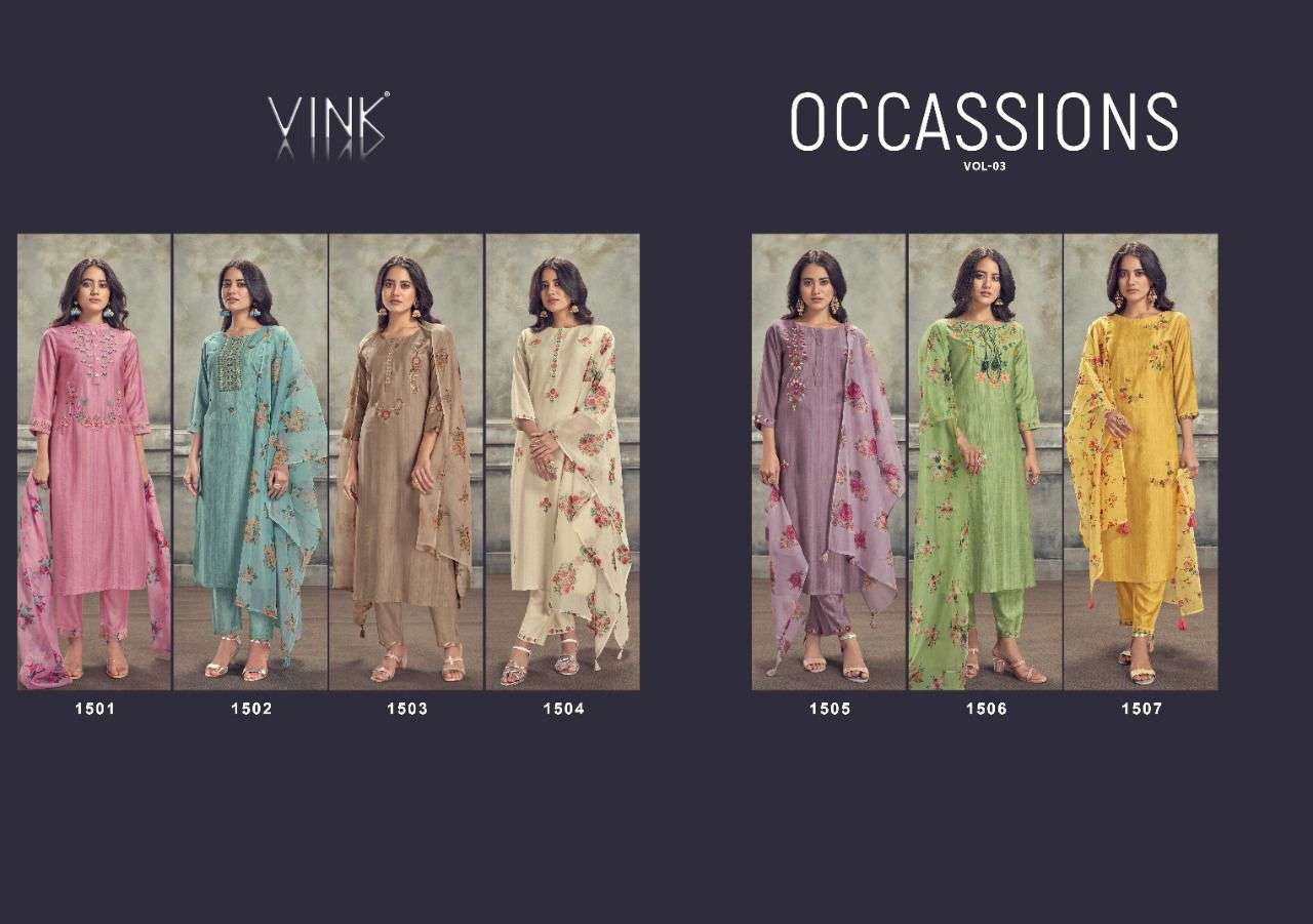 OCCASSIONS VOL-3 BY VINK 1501 TO 1507 SERIES BEAUTIFUL SUITS COLORFUL STYLISH FANCY CASUAL WEAR & ETHNIC WEAR PURE VISCOSE DRESSES AT WHOLESALE PRICE