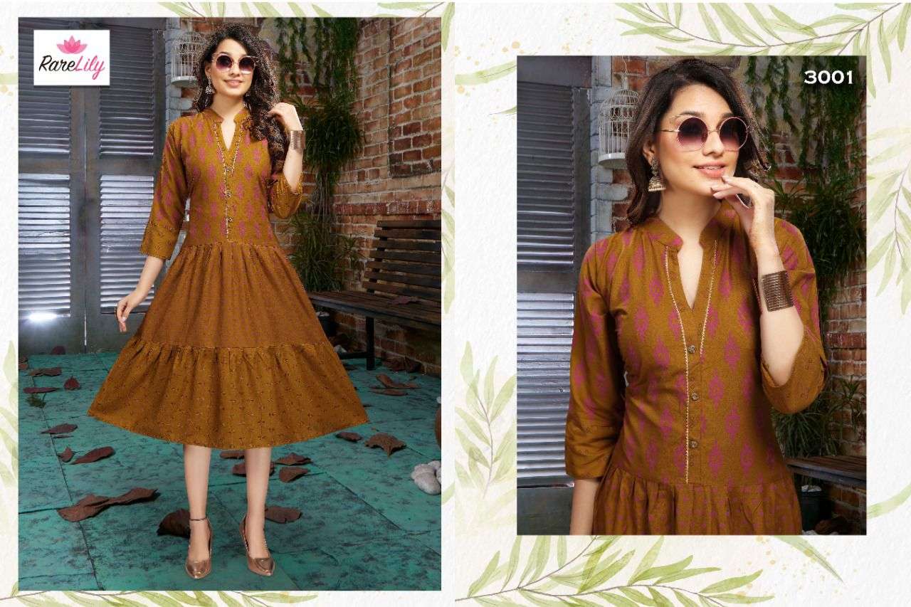 KIARA VOL-2 BY RARE LILY 3001 TO 3007 SERIES DESIGNER STYLISH FANCY COLORFUL BEAUTIFUL PARTY WEAR & ETHNIC WEAR COLLECTION RAYON PRINT KURTIS AT WHOLESALE PRICE