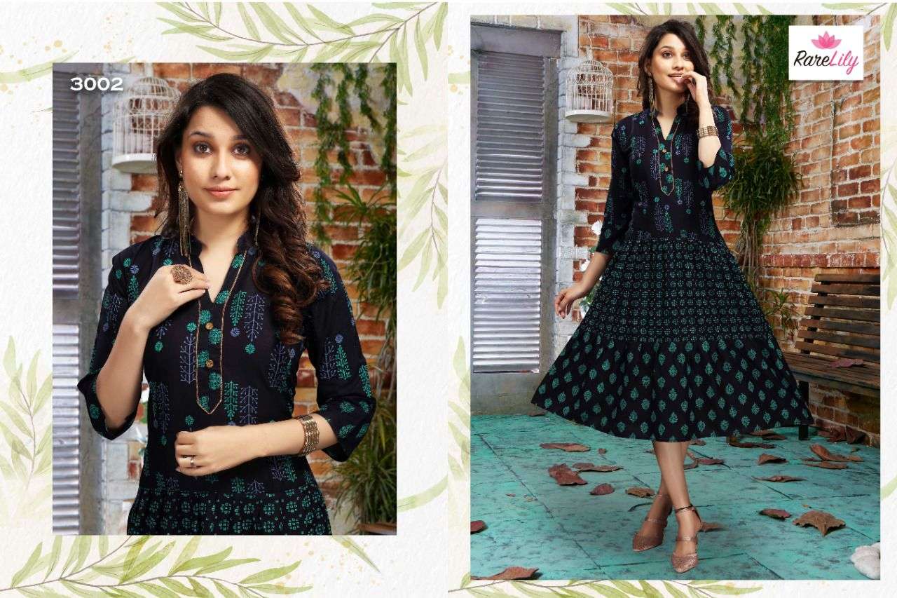 KIARA VOL-2 BY RARE LILY 3001 TO 3007 SERIES DESIGNER STYLISH FANCY COLORFUL BEAUTIFUL PARTY WEAR & ETHNIC WEAR COLLECTION RAYON PRINT KURTIS AT WHOLESALE PRICE