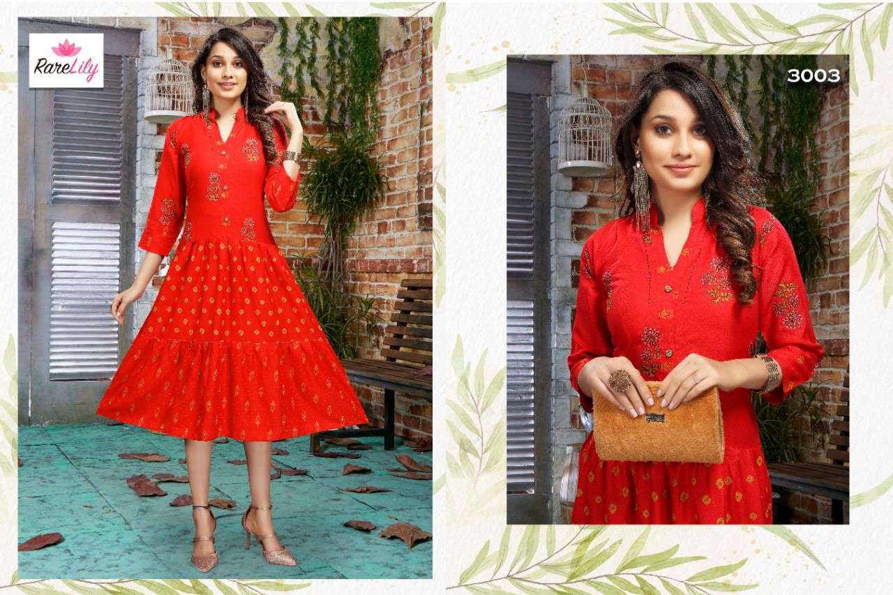 KIARA VOL-2 BY RARE LILY 3001 TO 3007 SERIES DESIGNER STYLISH FANCY COLORFUL BEAUTIFUL PARTY WEAR & ETHNIC WEAR COLLECTION RAYON PRINT KURTIS AT WHOLESALE PRICE