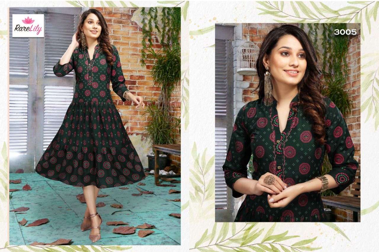 KIARA VOL-2 BY RARE LILY 3001 TO 3007 SERIES DESIGNER STYLISH FANCY COLORFUL BEAUTIFUL PARTY WEAR & ETHNIC WEAR COLLECTION RAYON PRINT KURTIS AT WHOLESALE PRICE