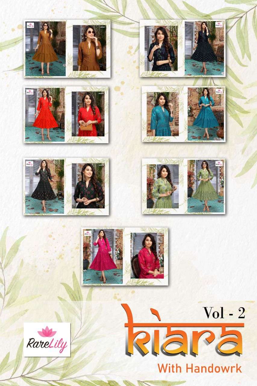 KIARA VOL-2 BY RARE LILY 3001 TO 3007 SERIES DESIGNER STYLISH FANCY COLORFUL BEAUTIFUL PARTY WEAR & ETHNIC WEAR COLLECTION RAYON PRINT KURTIS AT WHOLESALE PRICE